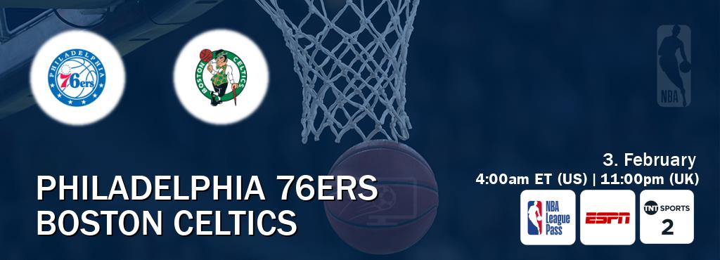 You can watch game live between Philadelphia 76ers and Boston Celtics on NBA League Pass, ESPN(AU), TNT Sports 2(UK).