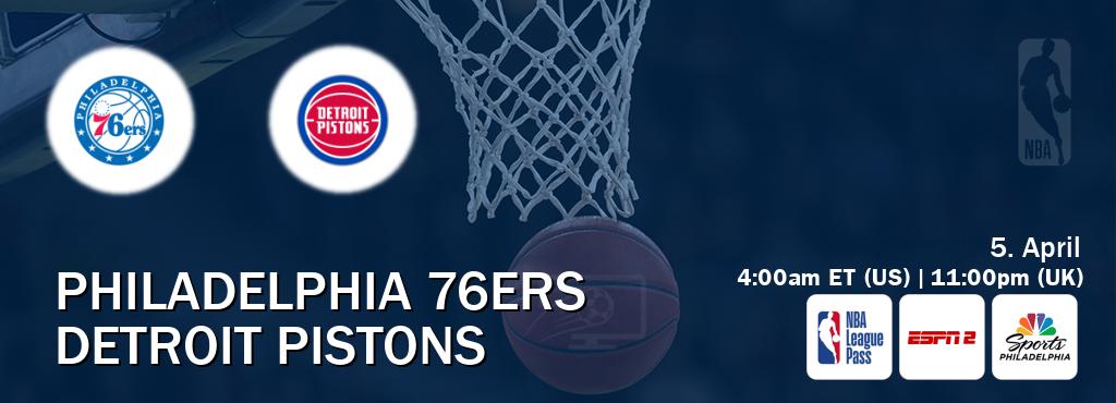 You can watch game live between Philadelphia 76ers and Detroit Pistons on NBA League Pass, ESPN2(AU), NBCS Philadelphia(US). You can watch game live between Philadelphia 76ers and Detroit Pistons on NBA League Pass, ESPN2(AU), NBCS Philadelphia(US).