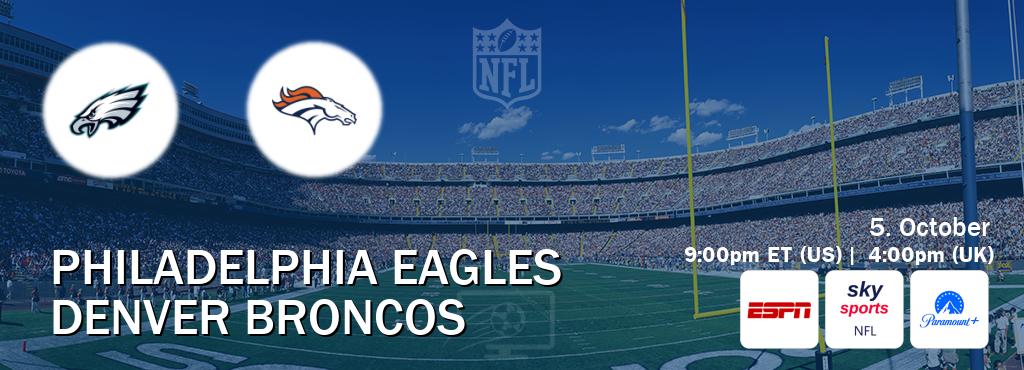 You can watch game live between Philadelphia Eagles and Denver Broncos on ESPN(AU), Sky Sports NFL(UK), Paramount+(US). You can watch game live between Philadelphia Eagles and Denver Broncos on ESPN(AU), Sky Sports NFL(UK), Paramount+(US).