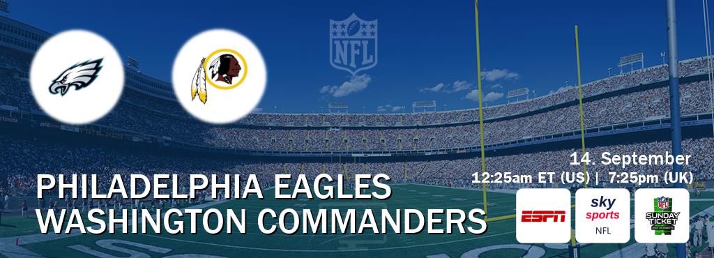 You can watch game live between Philadelphia Eagles and Washington Commanders on ESPN(AU), Sky Sports NFL(UK), NFL Sunday Ticket(US).