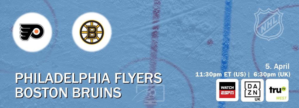 You can watch game live between Philadelphia Flyers and Boston Bruins on WatchESPN(AU), DAZN UK(UK), truTV West(US). You can watch game live between Philadelphia Flyers and Boston Bruins on WatchESPN(AU), DAZN UK(UK), truTV West(US).
