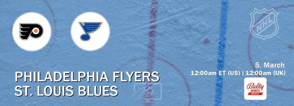 You can watch game live between Philadelphia Flyers and St. Louis Blues on Bally Sports Midwest(US).