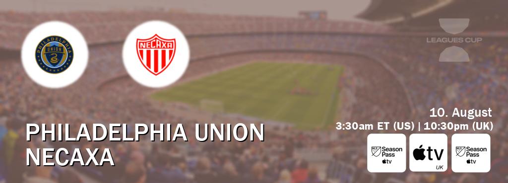You can watch game live between Philadelphia Union and Necaxa on MLS Season Pass, Apple TV(UK), MLS Season Pass(US).