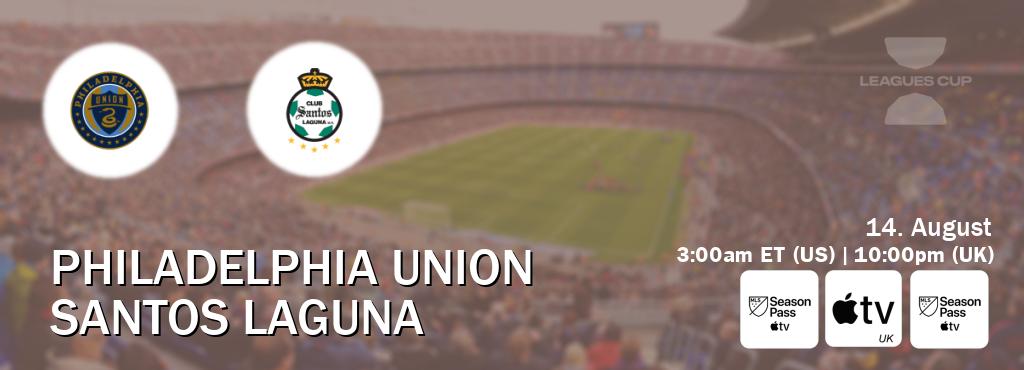 You can watch game live between Philadelphia Union and Santos Laguna on MLS Season Pass, Apple TV(UK), MLS Season Pass(US). You can watch game live between Philadelphia Union and Santos Laguna on MLS Season Pass, Apple TV(UK), MLS Season Pass(US).