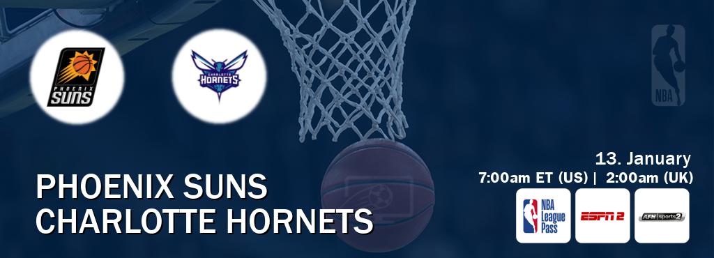 You can watch game live between Phoenix Suns and Charlotte Hornets on NBA League Pass, ESPN2(AU), AFN Sports 2(US).