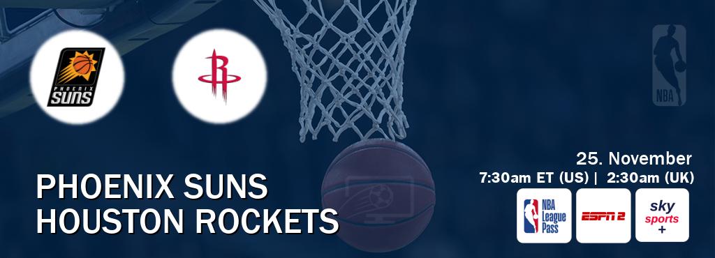 You can watch game live between Phoenix Suns and Houston Rockets on NBA League Pass, ESPN2(AU), Sky Sports+(UK).