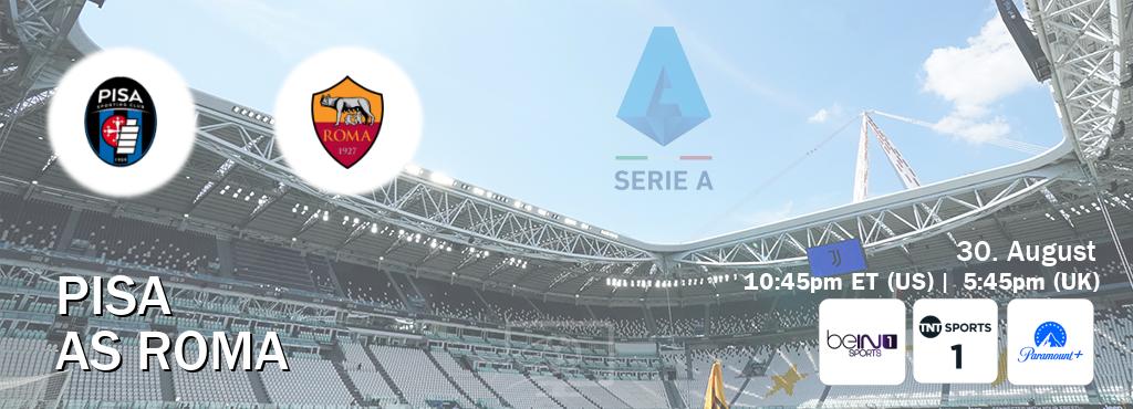 You can watch game live between Pisa and AS Roma on beIN SPORTS 1(AU), TNT Sports 1(UK), Paramount+(US). You can watch game live between Pisa and AS Roma on beIN SPORTS 1(AU), TNT Sports 1(UK), Paramount+(US).