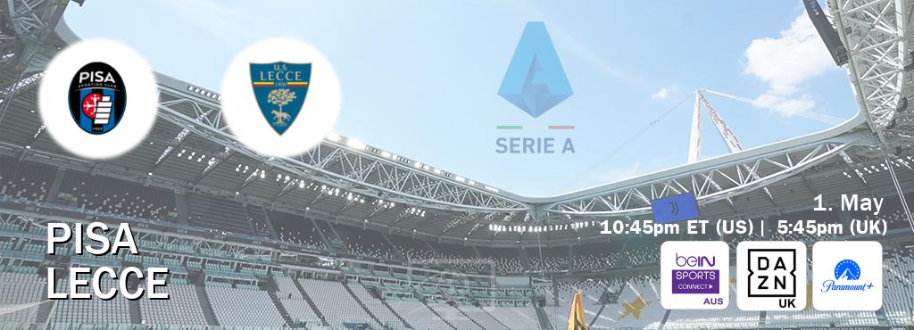 You can watch game live between Pisa and Lecce on beIN Sports Connect(AU), DAZN UK(UK), Paramount+(US).