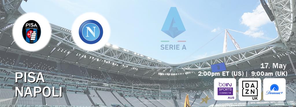 You can watch game live between Pisa and Napoli on beIN Sports Connect(AU), DAZN UK(UK), Paramount+(US). You can watch game live between Pisa and Napoli on beIN Sports Connect(AU), DAZN UK(UK), Paramount+(US).