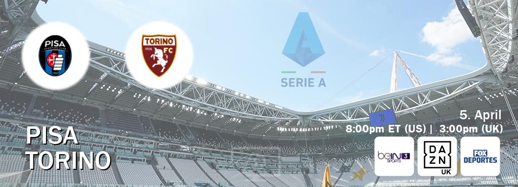 You can watch game live between Pisa and Torino on beIN SPORTS 3(AU), DAZN UK(UK), Fox Deportes(US). You can watch game live between Pisa and Torino on beIN SPORTS 3(AU), DAZN UK(UK), Fox Deportes(US).