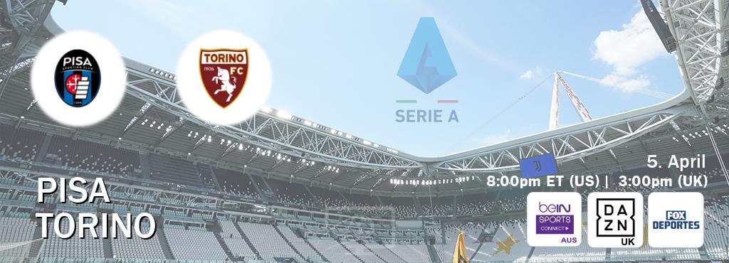 You can watch game live between Pisa and Torino on beIN Sports Connect(AU), DAZN UK(UK), Fox Deportes(US).