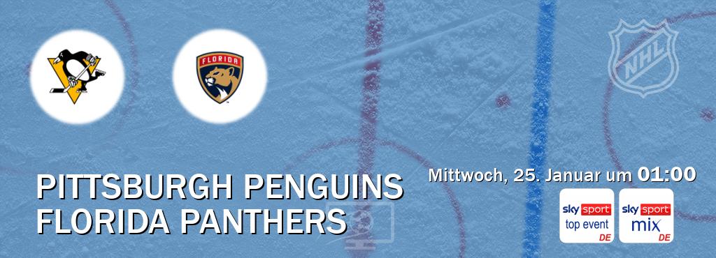 Das Spiel zwischen Pittsburgh Penguins und Florida Panthers wird am Mittwoch, 25. Januar um  01:00, live vom Sky Sport Top Event und Sky Sport Mix übertragen.