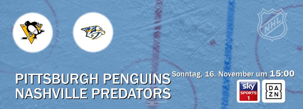 Das Spiel zwischen Pittsburgh Penguins und Nashville Predators wird am Sonntag, 16. November um 15:00, live vom Sky Sport 1 und DAZN übertragen. Das Spiel zwischen Pittsburgh Penguins und Nashville Predators wird am Sonntag, 16. November um 15:00, live vom Sky Sport 1 und DAZN übertragen.