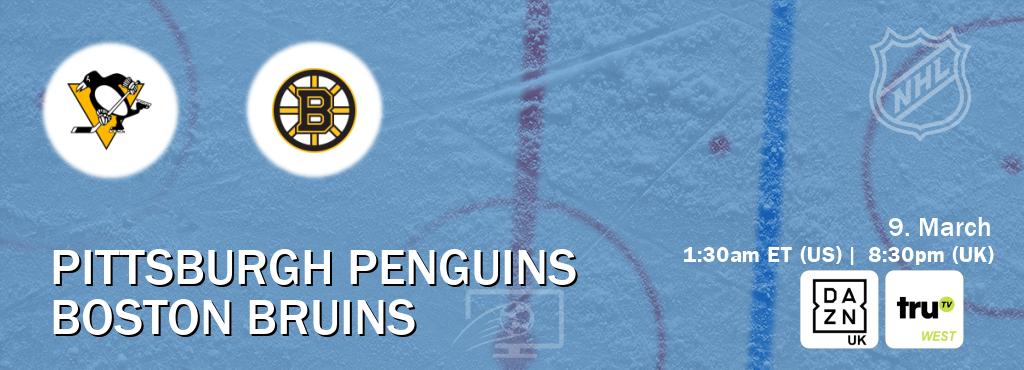 You can watch game live between Pittsburgh Penguins and Boston Bruins on DAZN UK(UK) and truTV West(US). You can watch game live between Pittsburgh Penguins and Boston Bruins on DAZN UK(UK) and truTV West(US).