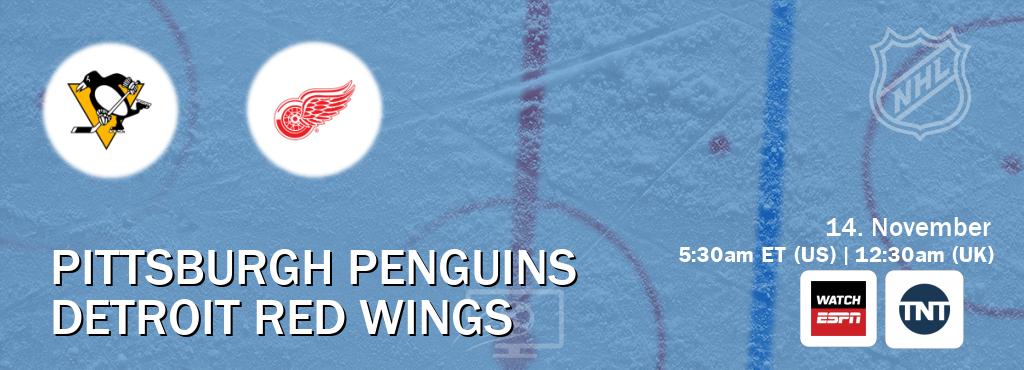 You can watch game live between Pittsburgh Penguins and Detroit Red Wings on WatchESPN(AU) and TNT(US).