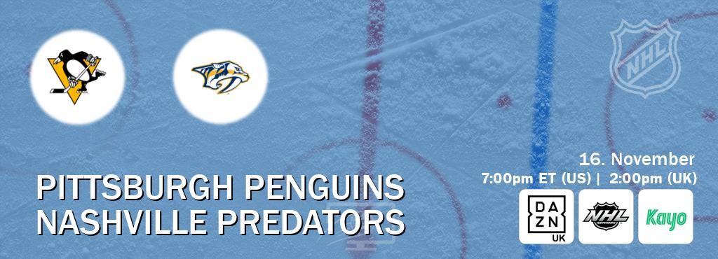 You can watch game live between Pittsburgh Penguins and Nashville Predators on DAZN UK(UK), NHL Network(US), Kayo Sports(AU). You can watch game live between Pittsburgh Penguins and Nashville Predators on DAZN UK(UK), NHL Network(US), Kayo Sports(AU).