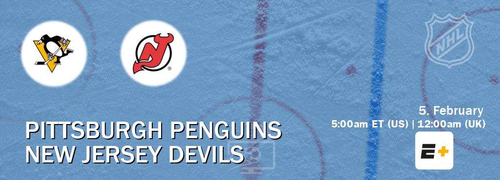 You can watch game live between Pittsburgh Penguins and New Jersey Devils on ESPN+(US).