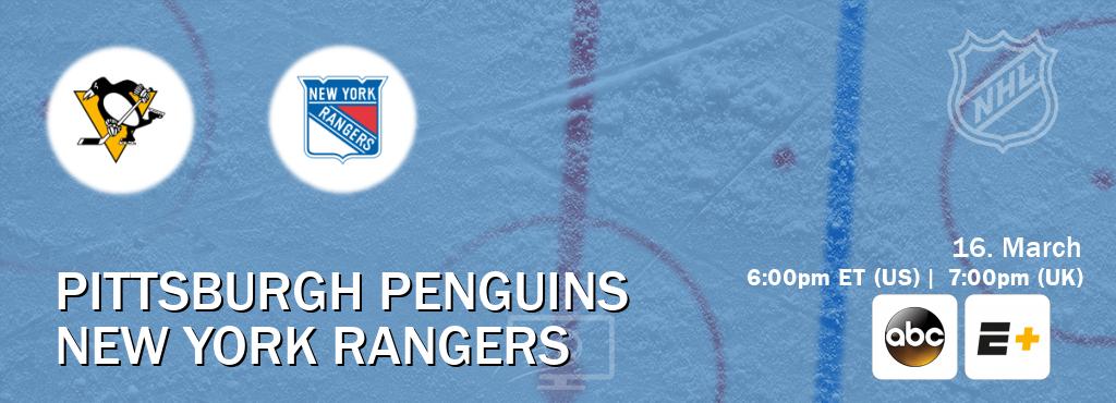 You can watch game live between Pittsburgh Penguins and New York Rangers on ABC(US) and ESPN+(US).