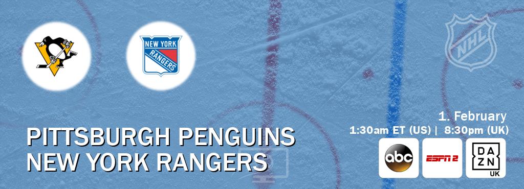 You can watch game live between Pittsburgh Penguins and New York Rangers on ABC(US), ESPN2(AU), DAZN UK(UK).
