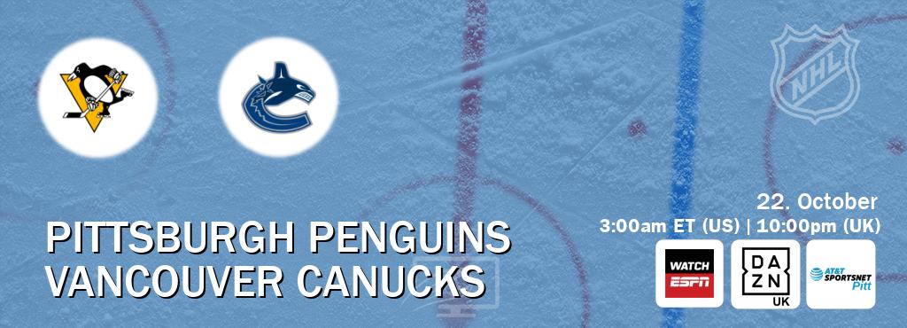 You can watch game live between Pittsburgh Penguins and Vancouver Canucks on WatchESPN(AU), DAZN UK(UK), AT&T SportsNet Pittsburgh(US). You can watch game live between Pittsburgh Penguins and Vancouver Canucks on WatchESPN(AU), DAZN UK(UK), AT&T SportsNet Pittsburgh(US).