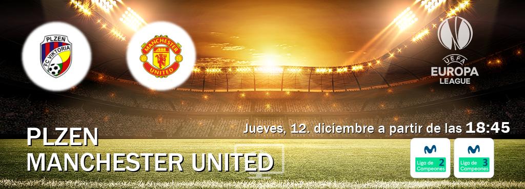 El partido entre Plzen y Manchester United será retransmitido por Movistar Liga de Campeones 2 y Movistar Liga de Campeones 3 (jueves, 12. diciembre a partir de las  18:45).