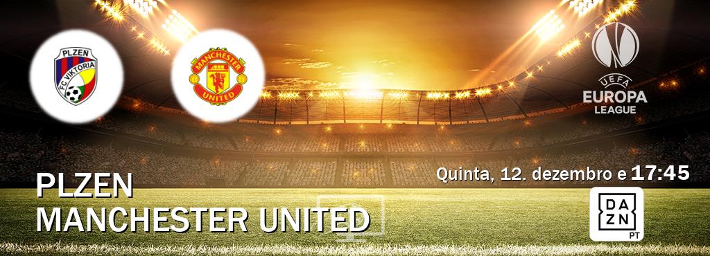 Jogo entre Plzen e Manchester United tem emissão DAZN (quinta, 12. dezembro e  17:45).