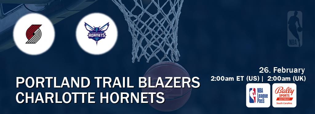 You can watch game live between Portland Trail Blazers and Charlotte Hornets on NBA League Pass and Bally Sports South Carolina(US).