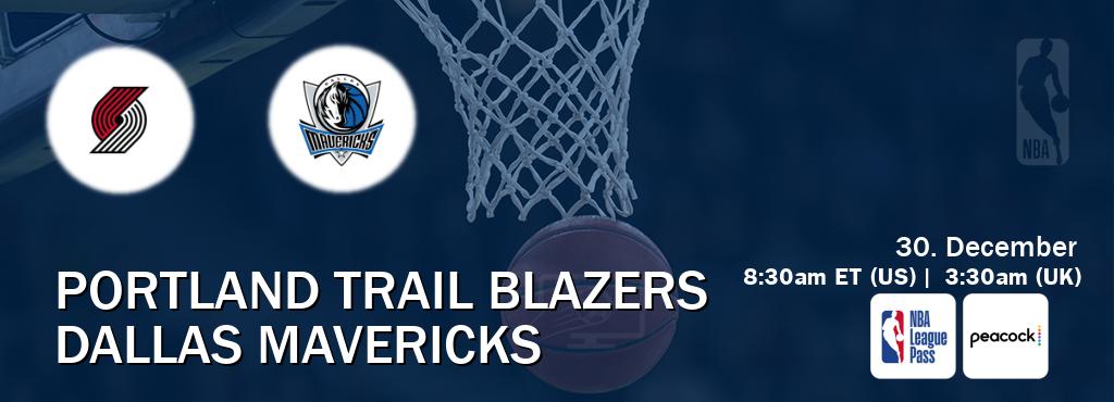 You can watch game live between Portland Trail Blazers and Dallas Mavericks on NBA League Pass and Peacock(US). You can watch game live between Portland Trail Blazers and Dallas Mavericks on NBA League Pass and Peacock(US).