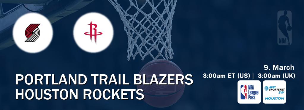 You can watch game live between Portland Trail Blazers and Houston Rockets on NBA League Pass and AT&T Sportsnet SW Houston(US).