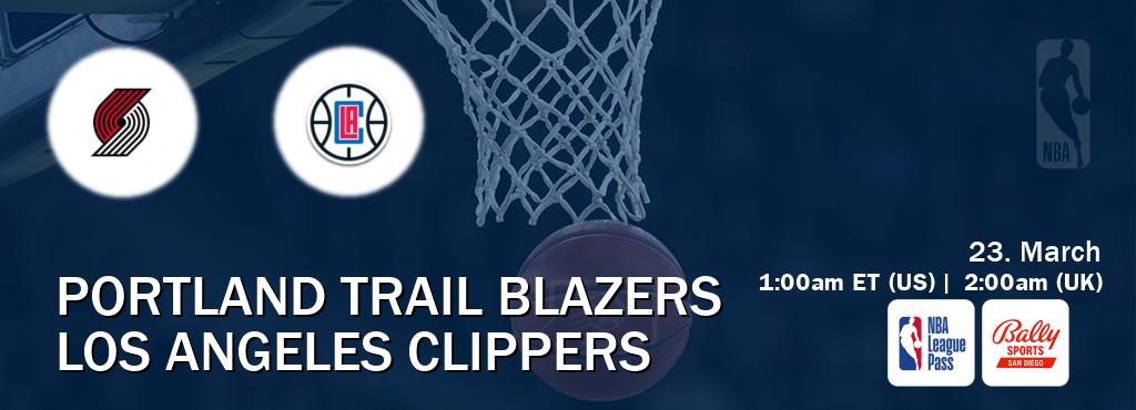 You can watch game live between Portland Trail Blazers and Los Angeles Clippers on NBA League Pass and Bally Sports San Diego(US).