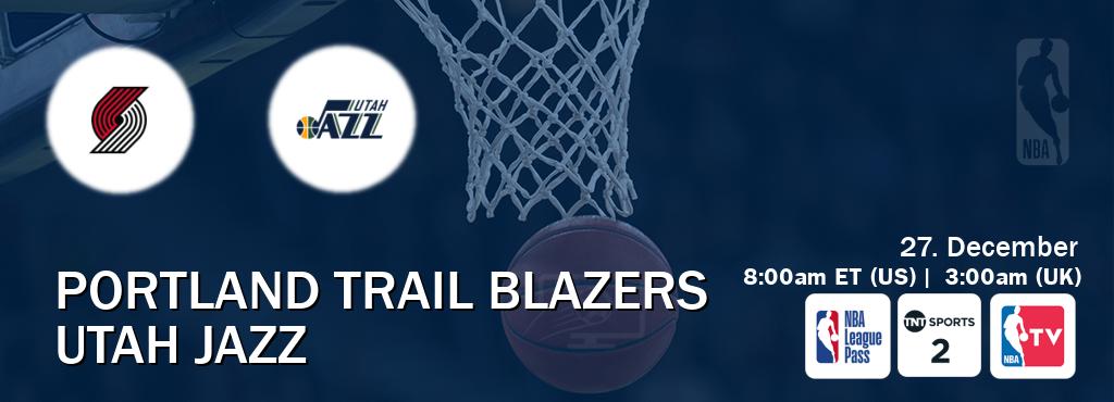 You can watch game live between Portland Trail Blazers and Utah Jazz on NBA League Pass, TNT Sports 2(UK), NBA TV(US).