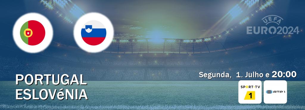 Jogo entre Portugal e Eslovénia tem emissão Sport TV 1, RTP 1 (Segunda,  1. Julho e  20:00).