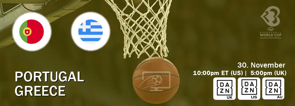 You can watch game live between Portugal and Greece on DAZN UK(UK), DAZN(US), DAZN(AU).