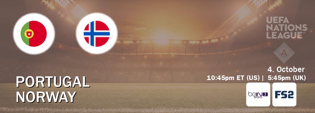 You can watch game live between Portugal and Norway on beIN SPORTS 3(AU) and FOX Sports 2(US).