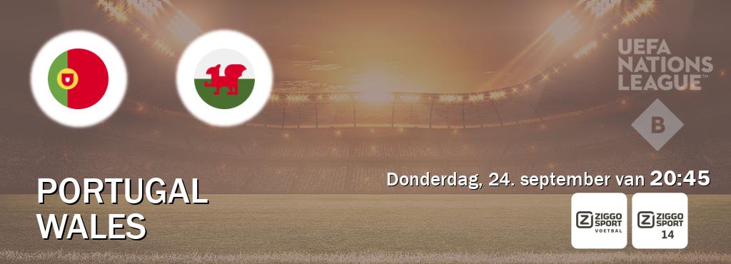 Wedstrijd tussen Portugal en Wales live op tv bij Ziggo Sport, Ziggo Sport 14 (donderdag, 24. september van  20:45).