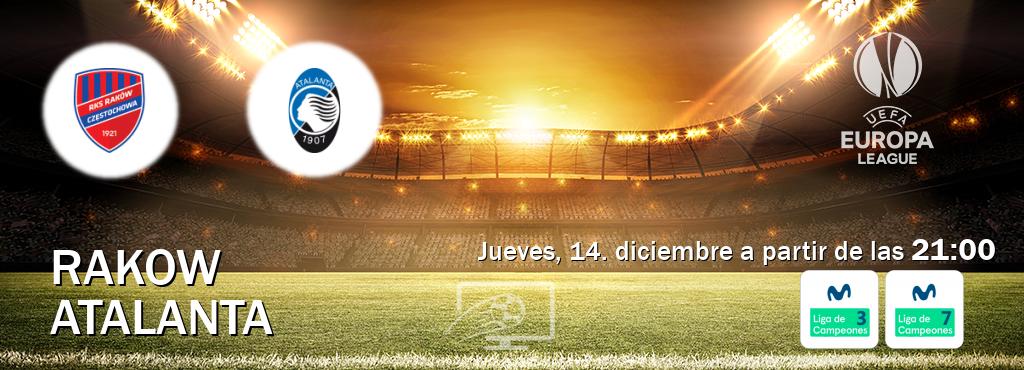 El partido entre Rakow y Atalanta será retransmitido por Movistar Liga de Campeones 3 y Movistar Liga de Campeones 7 (jueves, 14. diciembre a partir de las  21:00).
