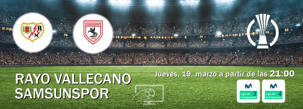 El partido entre Rayo Vallecano y Samsunspor será retransmitido por Movistar Liga de Campeones 2 y Movistar Liga de Campeones 4 (jueves, 19. marzo a partir de las 21:00). El partido entre Rayo Vallecano y Samsunspor será retransmitido por Movistar Liga de Campeones 2 y Movistar Liga de Campeones 4 (jueves, 19. marzo a partir de las 21:00).