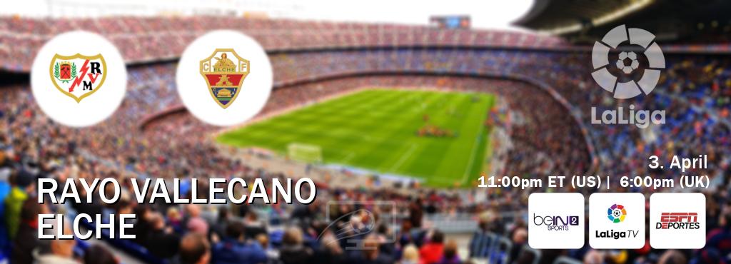 You can watch game live between Rayo Vallecano and Elche on beIN SPORTS 2(AU), LaLiga TV(UK), ESPN Deportes(US). You can watch game live between Rayo Vallecano and Elche on beIN SPORTS 2(AU), LaLiga TV(UK), ESPN Deportes(US).
