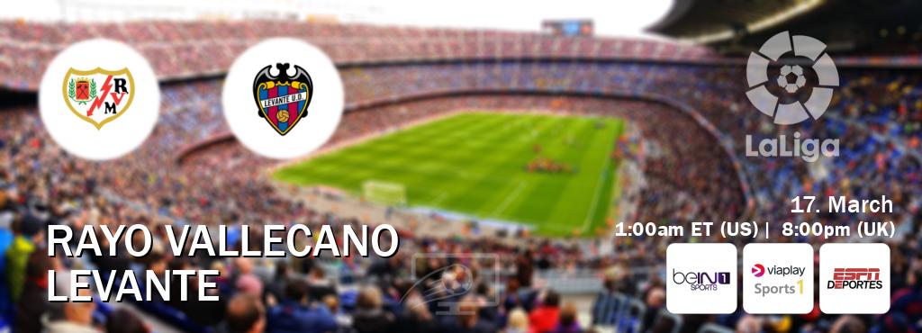 You can watch game live between Rayo Vallecano and Levante on beIN SPORTS 1(AU), Viaplay Sports 1(UK), ESPN Deportes(US). You can watch game live between Rayo Vallecano and Levante on beIN SPORTS 1(AU), Viaplay Sports 1(UK), ESPN Deportes(US).