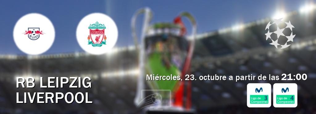 El partido entre RB Leipzig y Liverpool será retransmitido por Movistar Liga de Campeones 3 y Movistar Liga de Campeones 4 (miércoles, 23. octubre a partir de las  21:00).