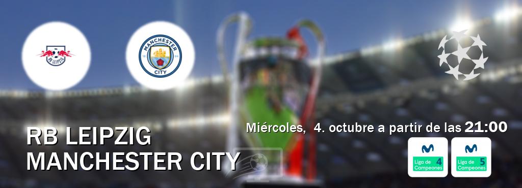 El partido entre RB Leipzig y Manchester City será retransmitido por Movistar Liga de Campeones 4 y Movistar Liga de Campeones 5 (miércoles,  4. octubre a partir de las  21:00).