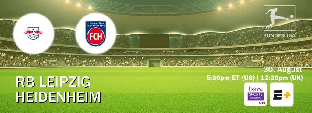 You can watch game live between RB Leipzig and Heidenheim on beIN Sports Connect(AU) and ESPN+(US). You can watch game live between RB Leipzig and Heidenheim on beIN Sports Connect(AU) and ESPN+(US).
