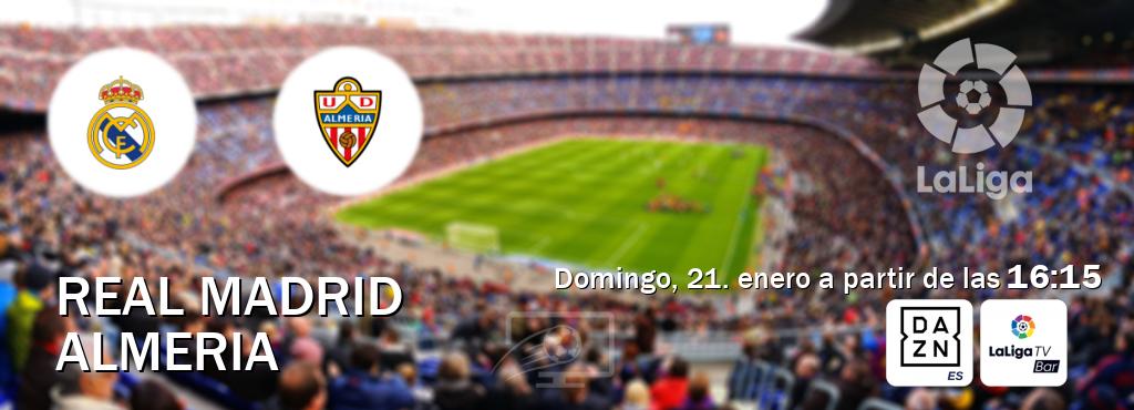 El partido entre Real Madrid y Almeria será retransmitido por DAZN España y LaLigaTV Bar (domingo, 21. enero a partir de las  16:15).