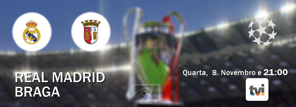 Jogo entre Real Madrid e Braga tem emissão TVI (Quarta,  8. Novembro e  21:00).