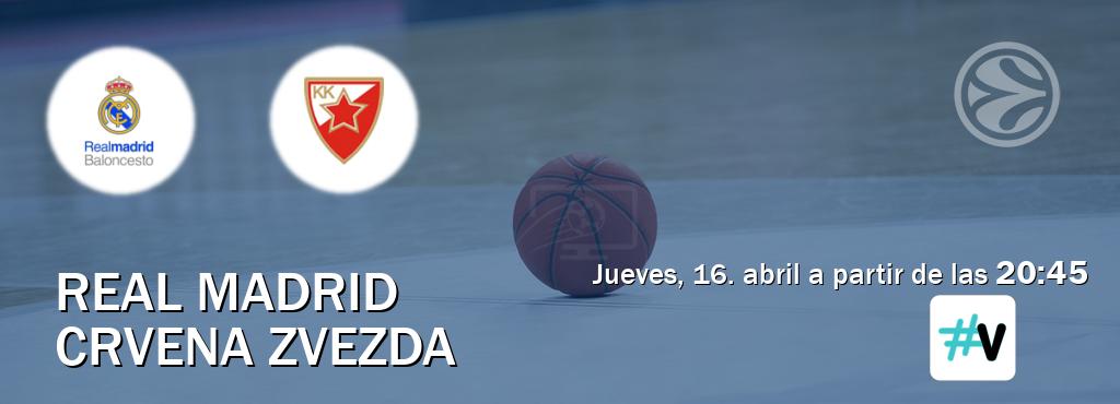 El partido entre Real Madrid y Crvena zvezda será retransmitido por M+ Vamos (jueves, 16. abril a partir de las  20:45).