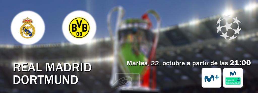 El partido entre Real Madrid y Dortmund será retransmitido por Movistar Liga de Campeones  y Movistar Liga de Campeones 4 (martes, 22. octubre a partir de las  21:00).