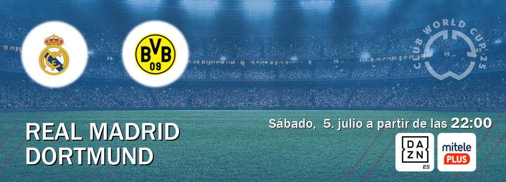 El partido entre Real Madrid y Dortmund será retransmitido por DAZN España y Mitele PLUS (sábado,  5. julio a partir de las  22:00).