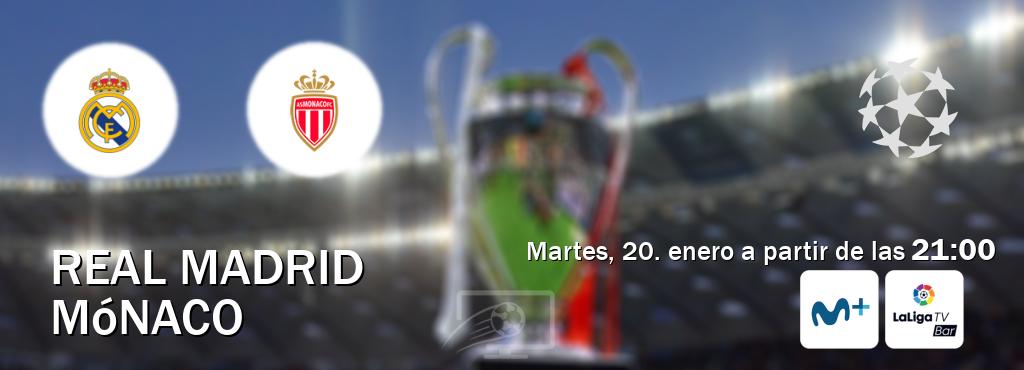 El partido entre Real Madrid y Mónaco será retransmitido por Movistar Liga de Campeones y LaLigaTV Bar (martes, 20. enero a partir de las 21:00). El partido entre Real Madrid y Mónaco será retransmitido por Movistar Liga de Campeones y LaLigaTV Bar (martes, 20. enero a partir de las 21:00).
