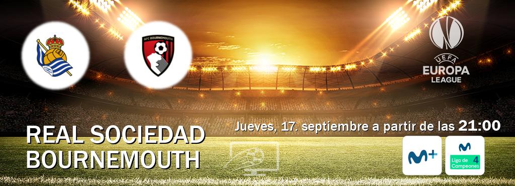 El partido entre Real Sociedad y Bournemouth será retransmitido por Movistar Liga de Campeones y Movistar Liga de Campeones 4 (jueves, 17. septiembre a partir de las 21:00). El partido entre Real Sociedad y Bournemouth será retransmitido por Movistar Liga de Campeones y Movistar Liga de Campeones 4 (jueves, 17. septiembre a partir de las 21:00).