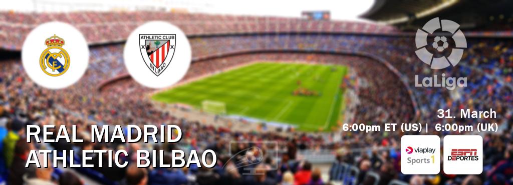 You can watch game live between Real Madrid and Athletic Bilbao on Viaplay Sports 1(UK) and ESPN Deportes(US).